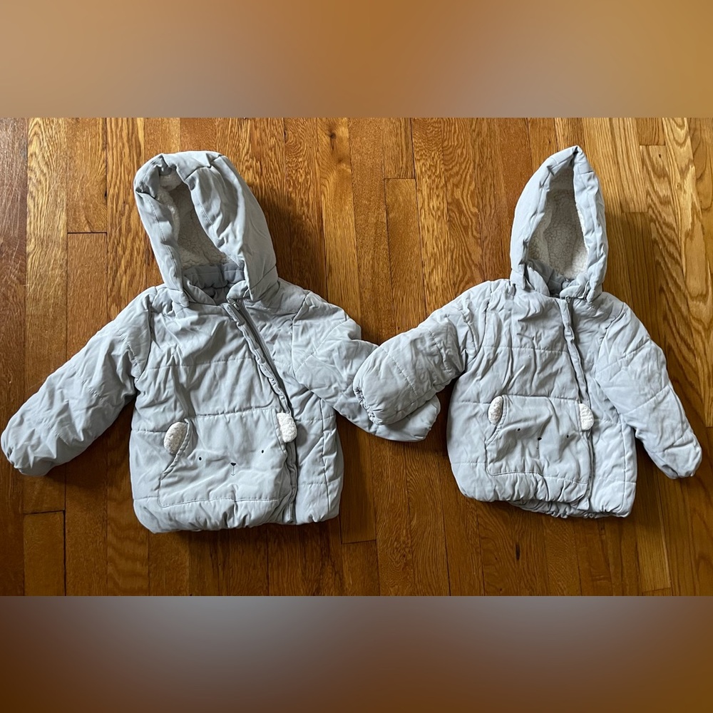 H&M kids Grey Puffer Coat with Bear pocket  2 available in size 1 1/2- 2 years